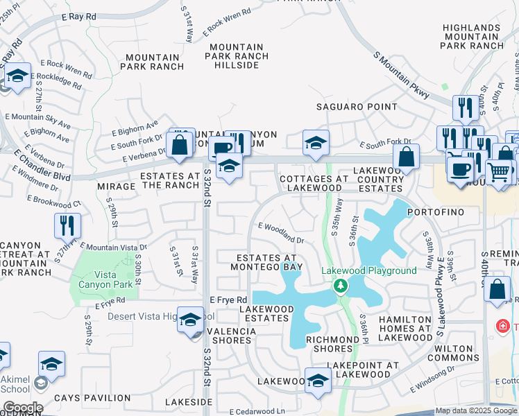 map of restaurants, bars, coffee shops, grocery stores, and more near 15647 South 33rd Place in Phoenix
