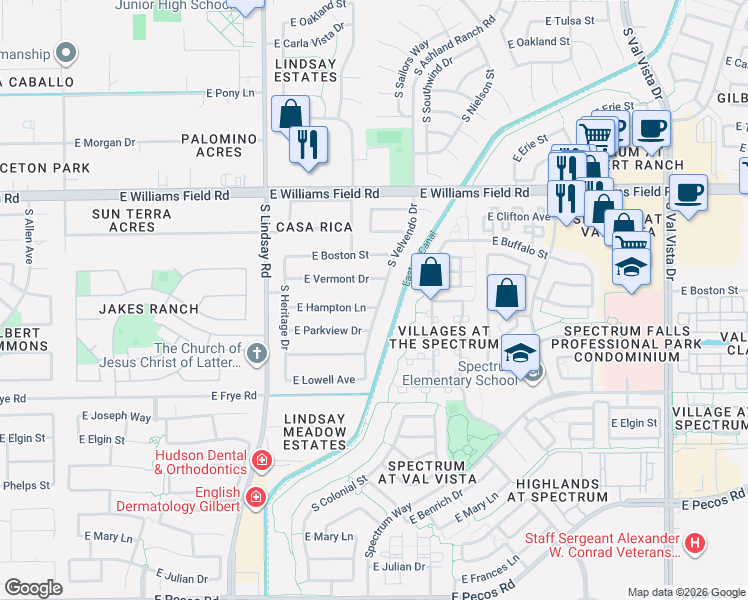 map of restaurants, bars, coffee shops, grocery stores, and more near 1018 East Hampton Lane in Gilbert
