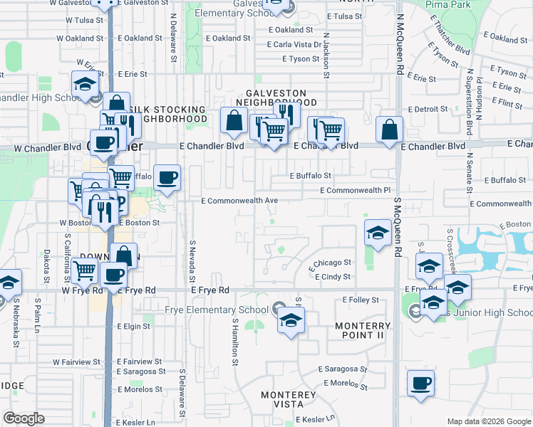 map of restaurants, bars, coffee shops, grocery stores, and more near 651 East Commonwealth Avenue in Chandler