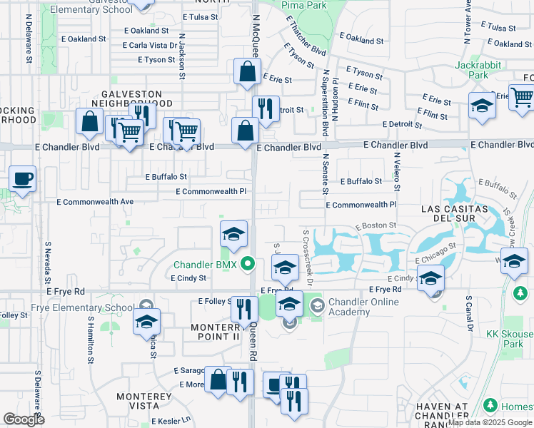 map of restaurants, bars, coffee shops, grocery stores, and more near 1005 East Commonwealth Place in Chandler