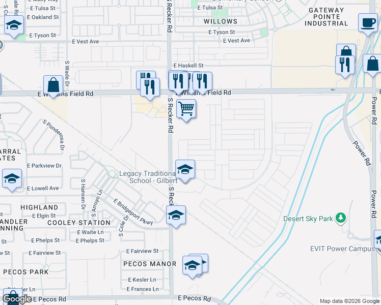 map of restaurants, bars, coffee shops, grocery stores, and more near 4090 East Jones Street in Gilbert