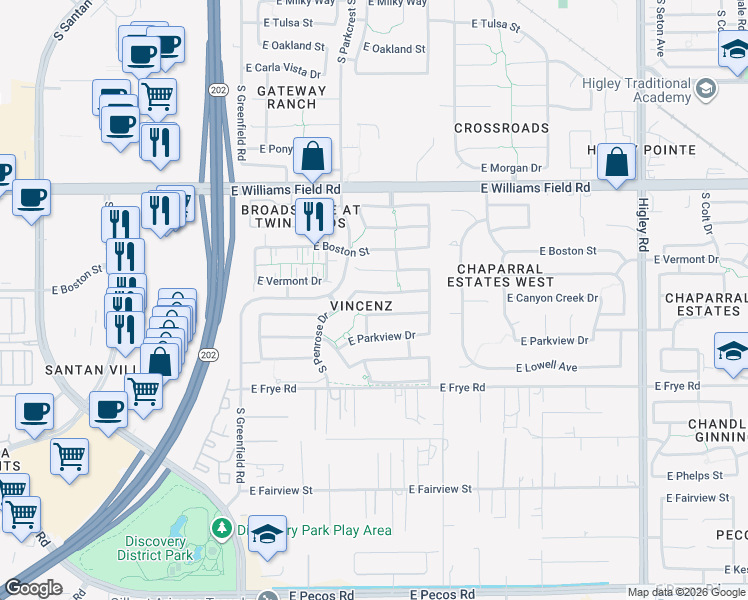 map of restaurants, bars, coffee shops, grocery stores, and more near 2689 East Canyon Creek Drive in Gilbert