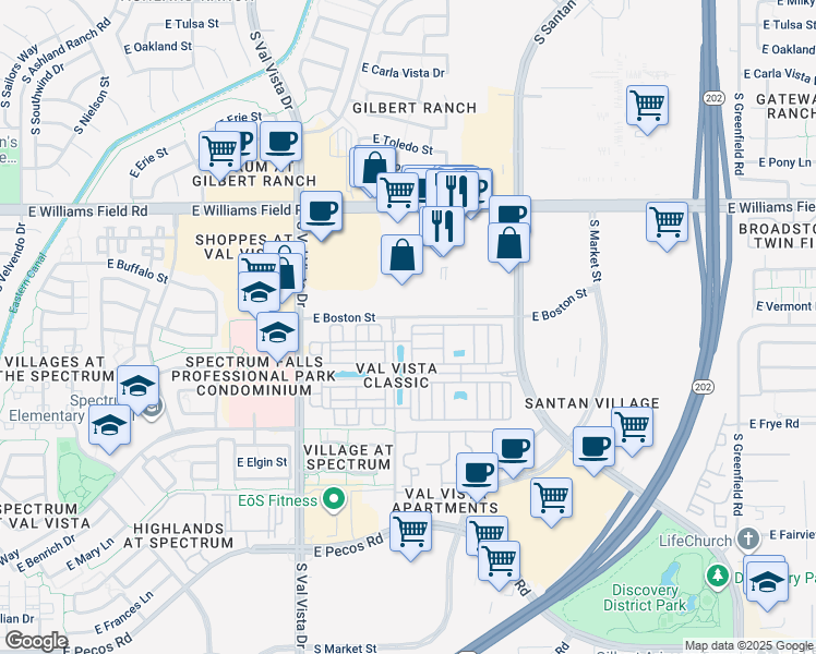 map of restaurants, bars, coffee shops, grocery stores, and more near 2703 South Rome Street in Gilbert