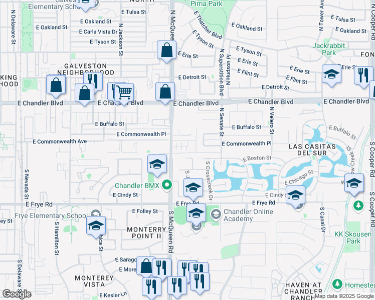 map of restaurants, bars, coffee shops, grocery stores, and more near 1005 East Commonwealth Place in Chandler