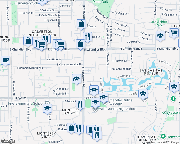 map of restaurants, bars, coffee shops, grocery stores, and more near 1005 East Commonwealth Place in Chandler