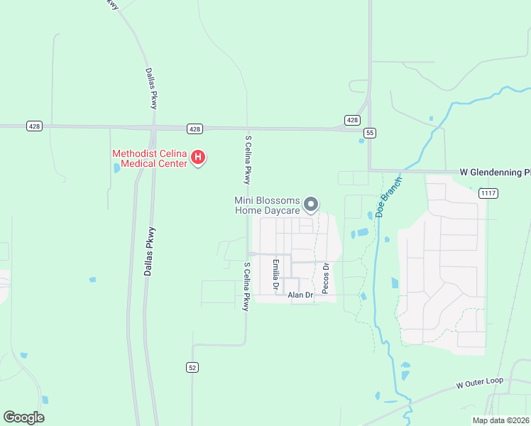 map of restaurants, bars, coffee shops, grocery stores, and more near 5860 County Road 52 in Celina