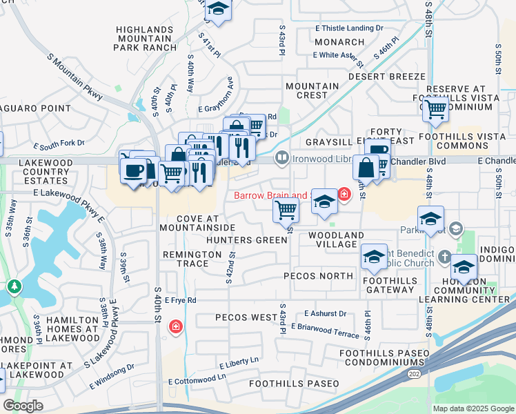 map of restaurants, bars, coffee shops, grocery stores, and more near 4302 East Muirwood Drive in Phoenix