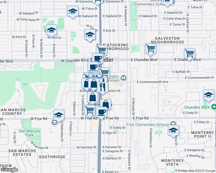 map of restaurants, bars, coffee shops, grocery stores, and more near 25 South Arizona Place in Chandler