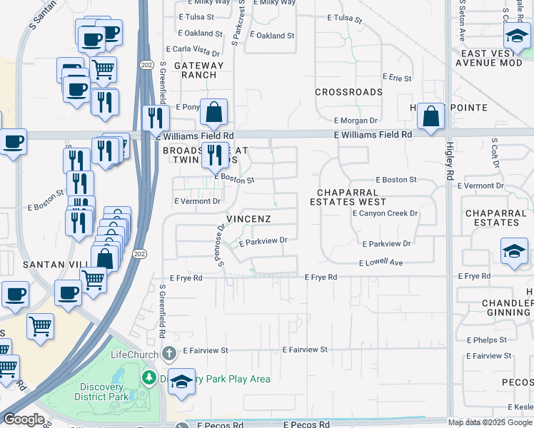 map of restaurants, bars, coffee shops, grocery stores, and more near 2689 East Canyon Creek Drive in Gilbert