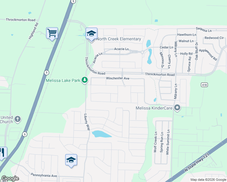 map of restaurants, bars, coffee shops, grocery stores, and more near Throckmorton Road in Melissa