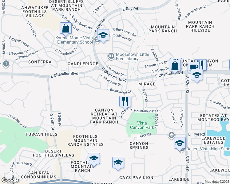 map of restaurants, bars, coffee shops, grocery stores, and more near 2745 East Brookwood Court in Phoenix