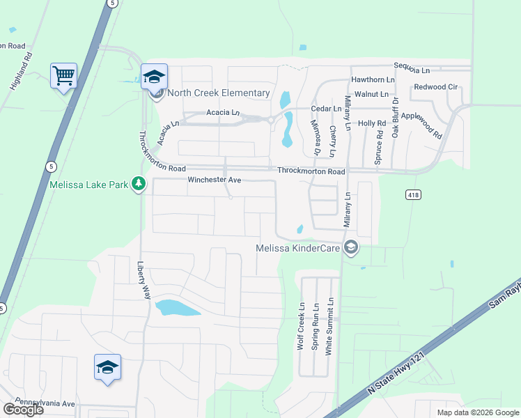 map of restaurants, bars, coffee shops, grocery stores, and more near 3102 Bobcat Drive in Melissa
