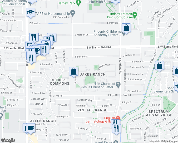 map of restaurants, bars, coffee shops, grocery stores, and more near 531 East Vermont Drive in Gilbert