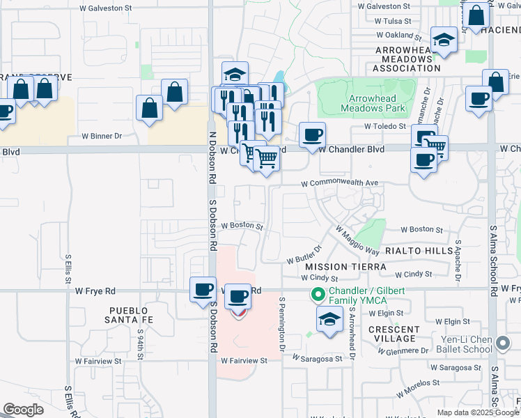 map of restaurants, bars, coffee shops, grocery stores, and more near 6 South Yucca Street in Chandler