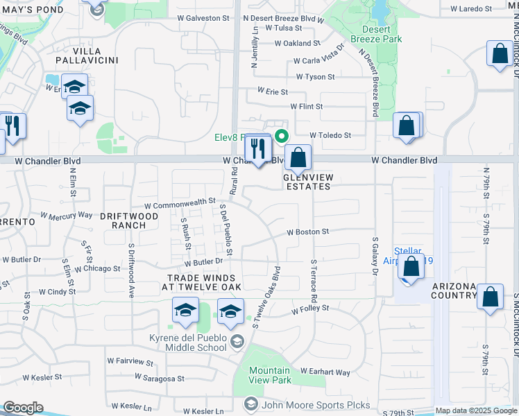 map of restaurants, bars, coffee shops, grocery stores, and more near 4844 West Commonwealth Place in Chandler