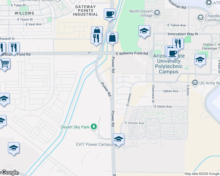 map of restaurants, bars, coffee shops, grocery stores, and more near Power Road South in Gilbert