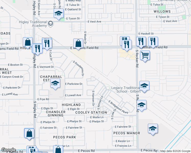 map of restaurants, bars, coffee shops, grocery stores, and more near 3660 East Yeager Court in Gilbert