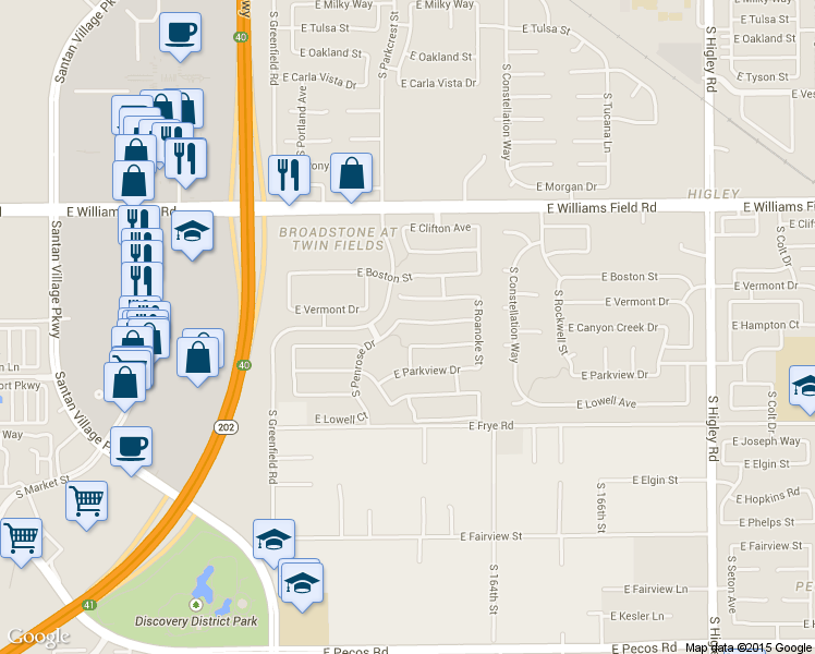 map of restaurants, bars, coffee shops, grocery stores, and more near 2614 South Penrose Drive in Gilbert