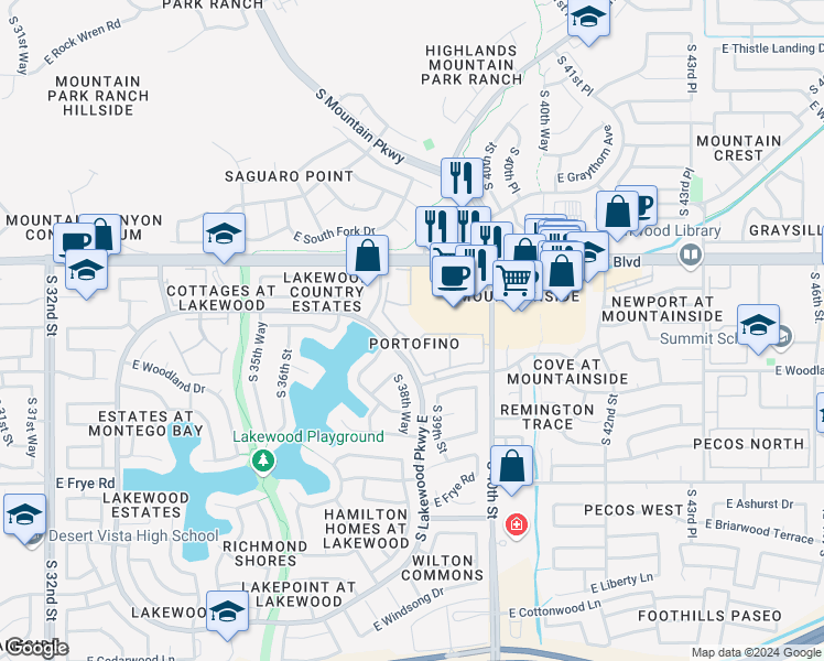 map of restaurants, bars, coffee shops, grocery stores, and more near 3830 East Lakewood Parkway East in Phoenix