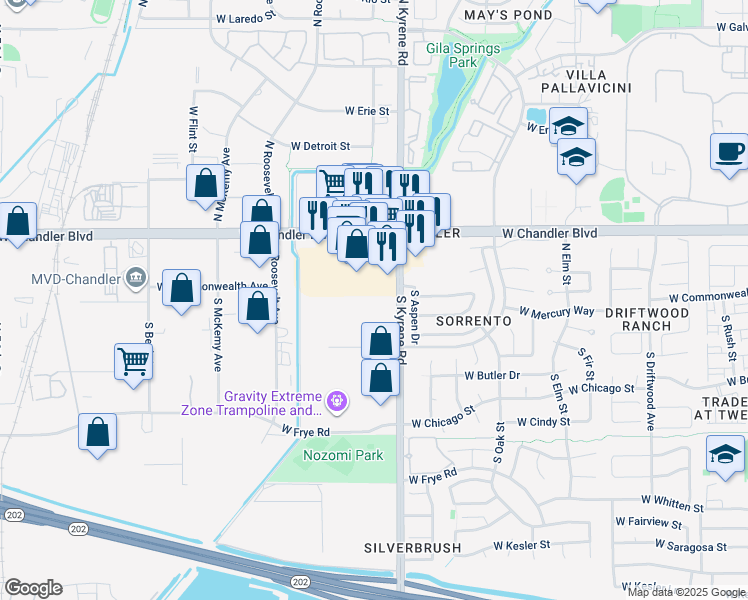 map of restaurants, bars, coffee shops, grocery stores, and more near 20 South Kyrene Road in Chandler