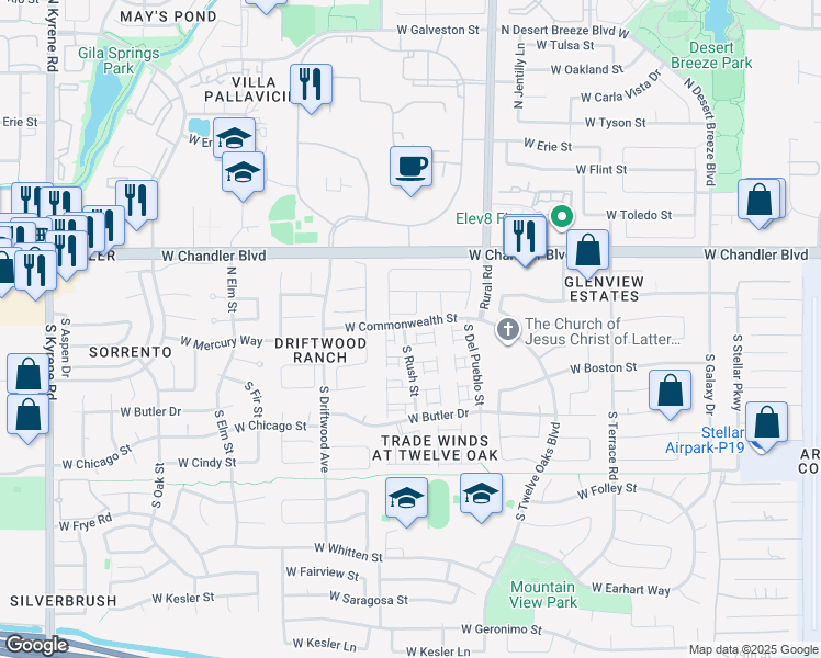 map of restaurants, bars, coffee shops, grocery stores, and more near 5146 West Mercury Way in Chandler