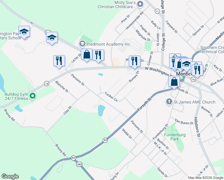 map of restaurants, bars, coffee shops, grocery stores, and more near 108 Marshall Drive in Monticello