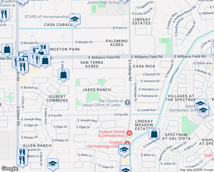 map of restaurants, bars, coffee shops, grocery stores, and more near 626 East Vermont Drive in Gilbert