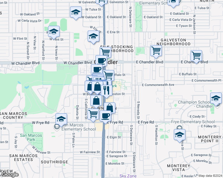 map of restaurants, bars, coffee shops, grocery stores, and more near 25 South Arizona Place in Chandler