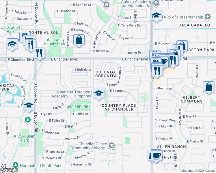 map of restaurants, bars, coffee shops, grocery stores, and more near 2525 East Commonwealth Circle in Chandler