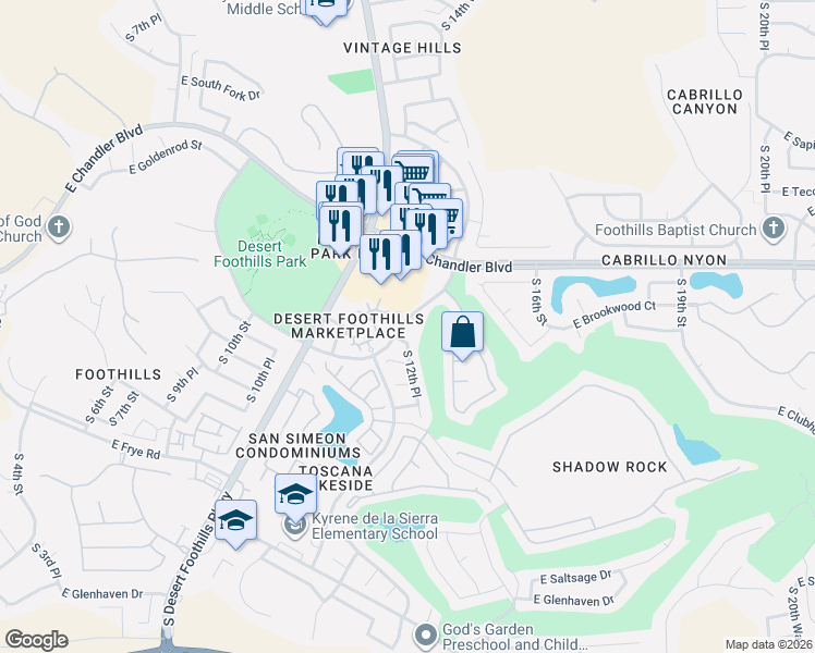 map of restaurants, bars, coffee shops, grocery stores, and more near 1263 Brookwood Court in Phoenix