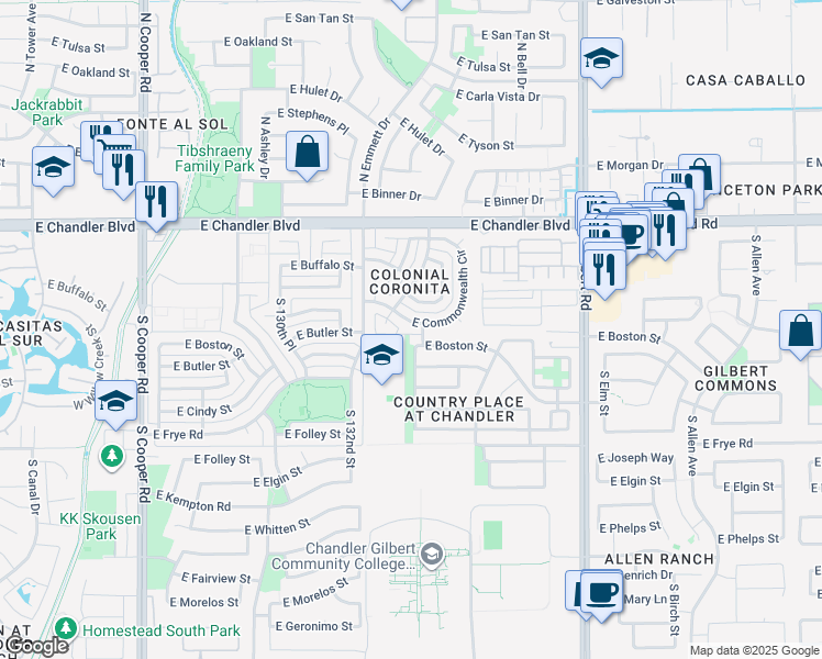 map of restaurants, bars, coffee shops, grocery stores, and more near 2525 East Commonwealth Circle in Chandler