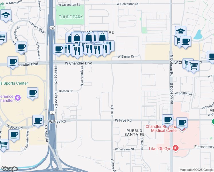 map of restaurants, bars, coffee shops, grocery stores, and more near 2565 West Chandler Boulevard in Chandler