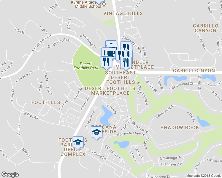 map of restaurants, bars, coffee shops, grocery stores, and more near 15833 South 11th Way in Phoenix