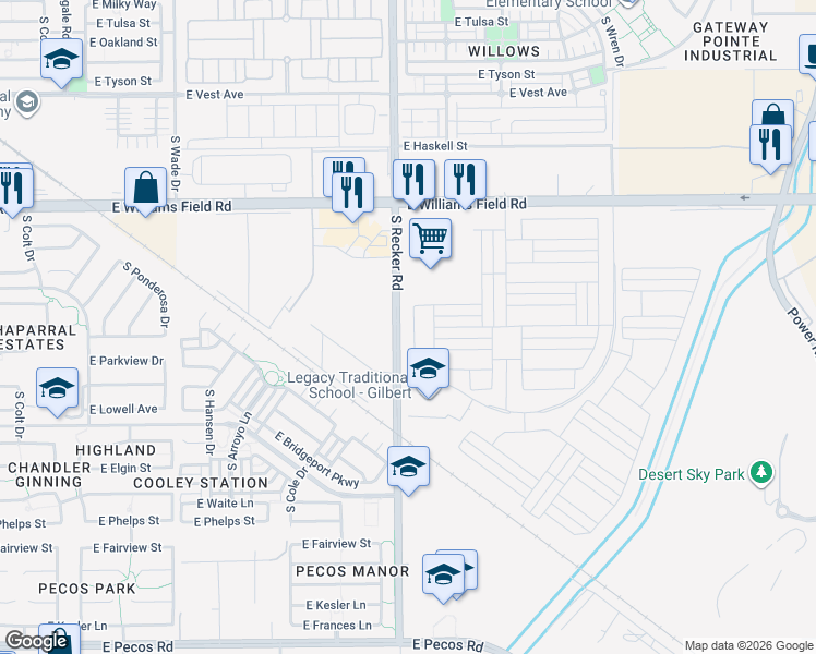map of restaurants, bars, coffee shops, grocery stores, and more near 2626 South Olympic Drive in Gilbert
