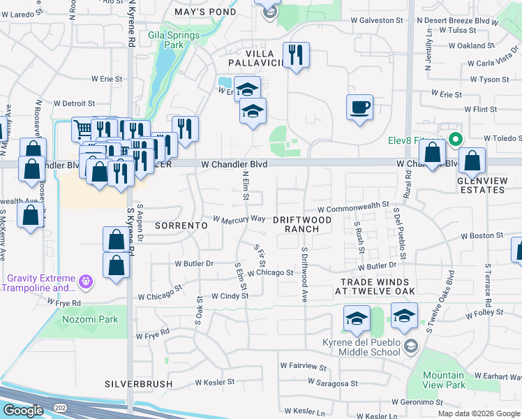 map of restaurants, bars, coffee shops, grocery stores, and more near 5513 West Commonwealth Place in Chandler