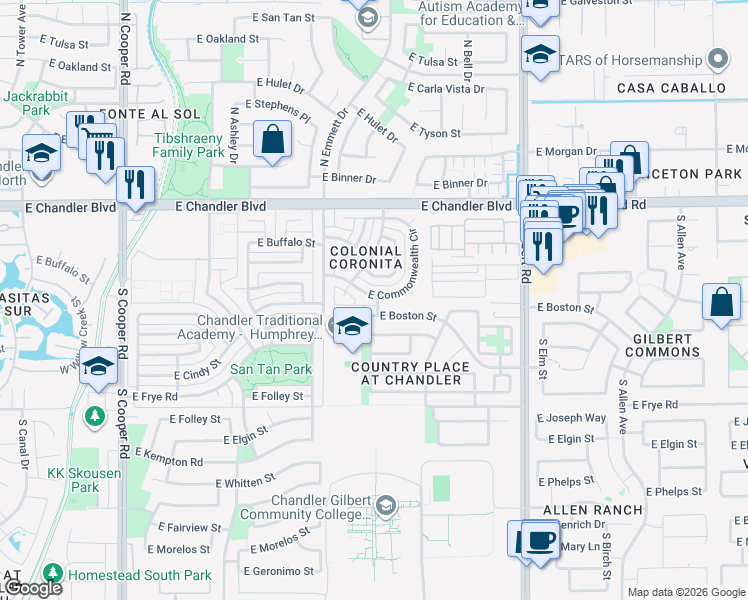 map of restaurants, bars, coffee shops, grocery stores, and more near 2525 East Commonwealth Circle in Chandler