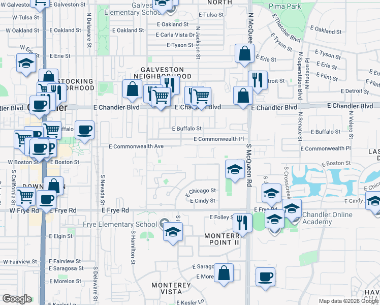 map of restaurants, bars, coffee shops, grocery stores, and more near 699 East Commonwealth Avenue in Chandler