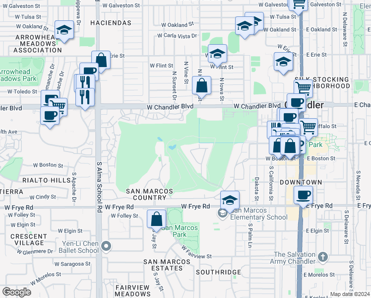 map of restaurants, bars, coffee shops, grocery stores, and more near 132 South Quarty Circle in Chandler