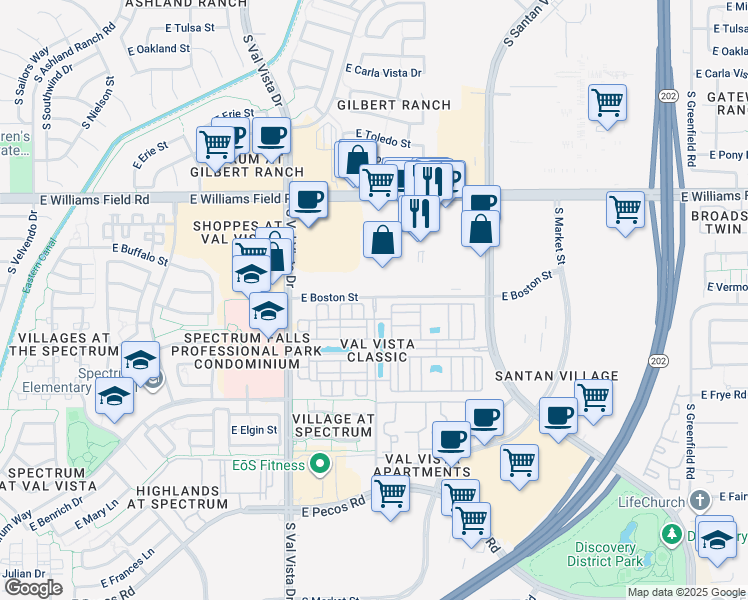 map of restaurants, bars, coffee shops, grocery stores, and more near 2703 South Rome Street in Gilbert