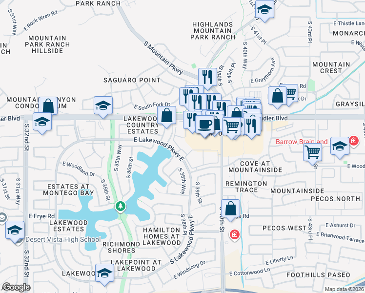 map of restaurants, bars, coffee shops, grocery stores, and more near 3830 East Lakewood parkway East in Phoenix