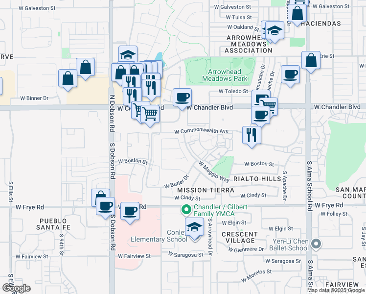 map of restaurants, bars, coffee shops, grocery stores, and more near 31 South Ash Drive in Chandler