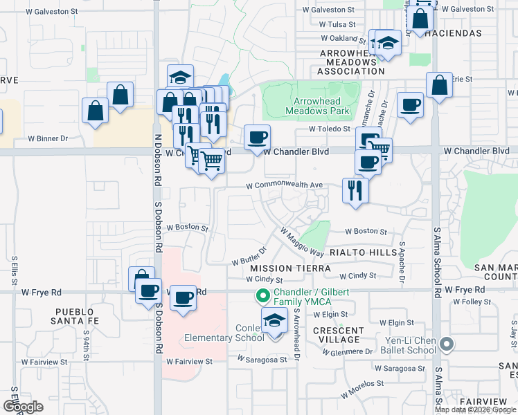 map of restaurants, bars, coffee shops, grocery stores, and more near 31 South Ash Drive in Chandler
