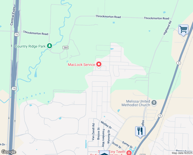 map of restaurants, bars, coffee shops, grocery stores, and more near 1107 Freestone Dr in Melissa