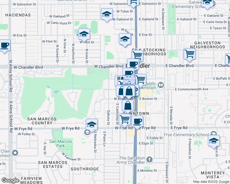 map of restaurants, bars, coffee shops, grocery stores, and more near 219 West Commonwealth Avenue in Chandler