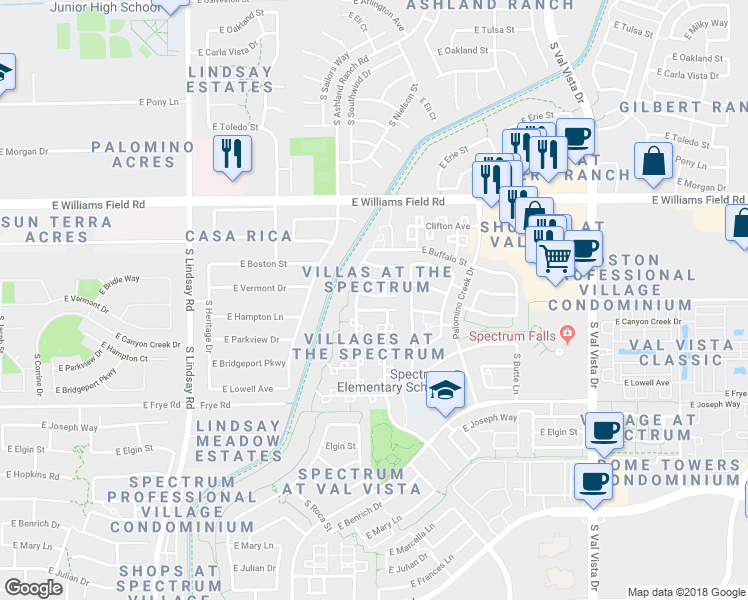 map of restaurants, bars, coffee shops, grocery stores, and more near 1165 East Canyon Creek Drive in Gilbert