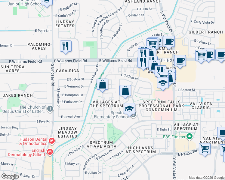 map of restaurants, bars, coffee shops, grocery stores, and more near 1195 East Canyon Creek Drive in Gilbert
