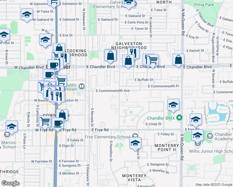 map of restaurants, bars, coffee shops, grocery stores, and more near 23 South Hamilton Street in Chandler