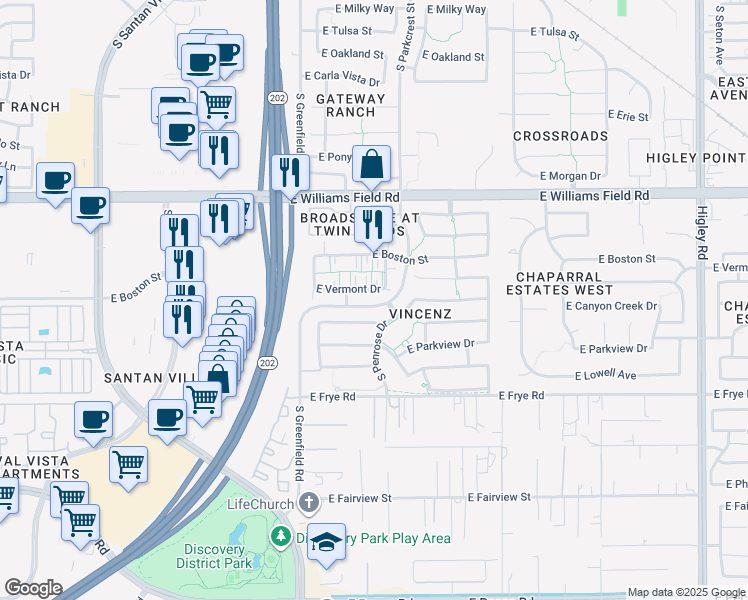 map of restaurants, bars, coffee shops, grocery stores, and more near 2551 East Vermont Drive in Gilbert