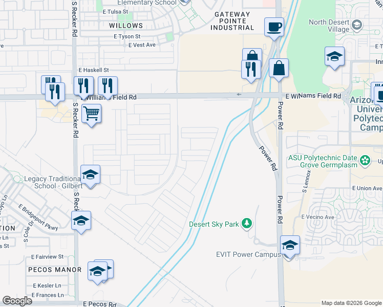 map of restaurants, bars, coffee shops, grocery stores, and more near 4445 E Jones St in Gilbert
