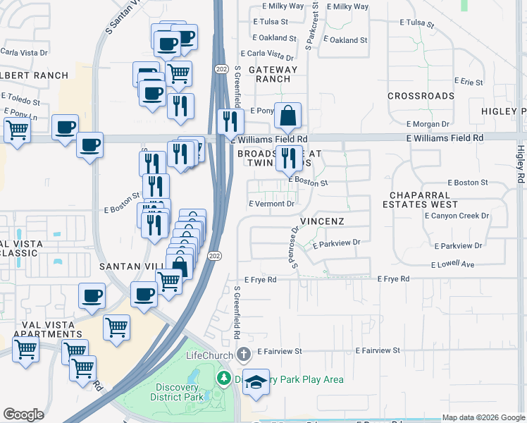 map of restaurants, bars, coffee shops, grocery stores, and more near 2475 East Vermont Drive in Gilbert